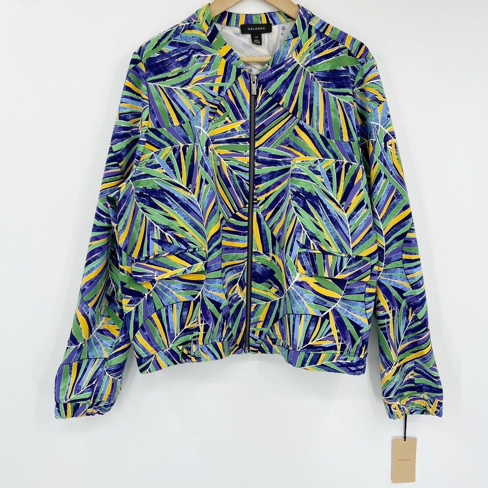 Halogen Palm Print Bomber Jacket Blue Green Sz XXL